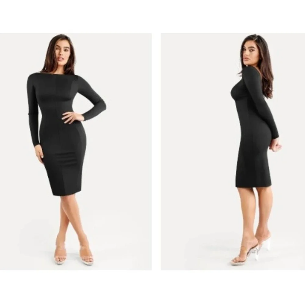 Popilush Shapewear Long Sleeve Boat Neck Sculpting Midi Dress Size M‎ Black NEW